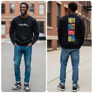 Keith Haring Black Crewneck Sweatshirt Pop Art Graphic Retro Unisex Size Large